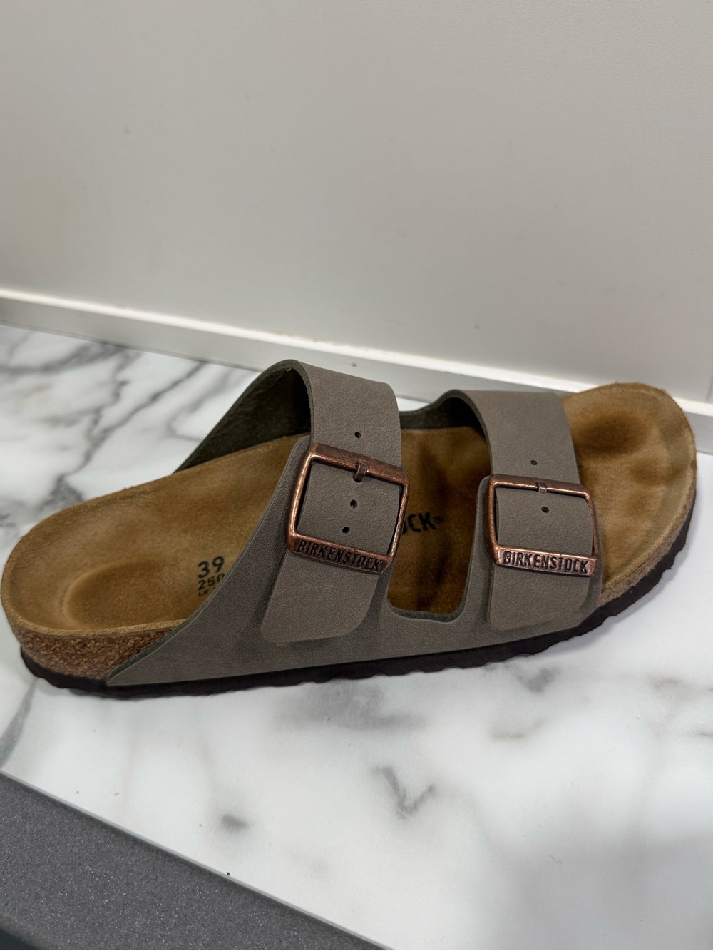 Birkenstock Two-Strap Sandals Gray with Brown Footbed - Picture 4 of 9